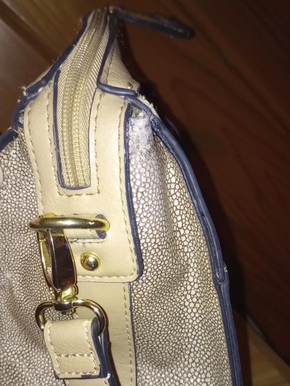 London Fog Cream and Tan Women’s Handbag with Gold Accents